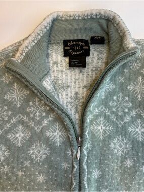 Vtg Obermeyer 1947 Signature Fair Isle Snowflake Zip Sweater -Sage Green Wool XS